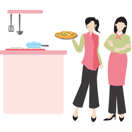 Duas chefs femininas fazendo pizza  Ilustração