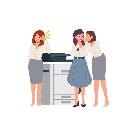 Duas colegas de trabalho compartilham segredos enquanto a copiadora desconhece que a colega está ouvindo por perto  Ilustração