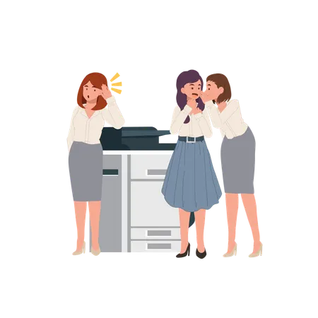 Duas colegas de trabalho compartilham segredos enquanto a copiadora desconhece que a colega está ouvindo por perto  Ilustração