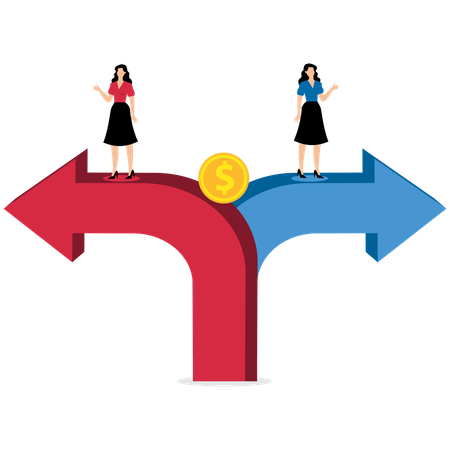 Duas empresárias caminhando em caminhos diferentes para ganhar dinheiro  Ilustração