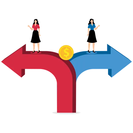 Duas empresárias caminhando em caminhos diferentes para ganhar dinheiro  Ilustração