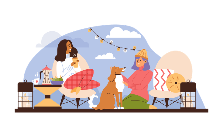 Duas meninas acampando na natureza  Ilustração