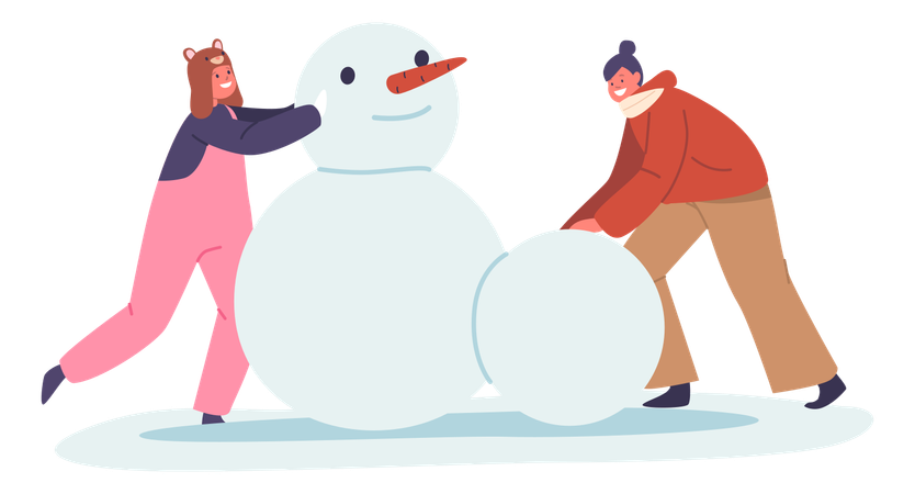 Duas garotas fazendo boneco de neve  Ilustração