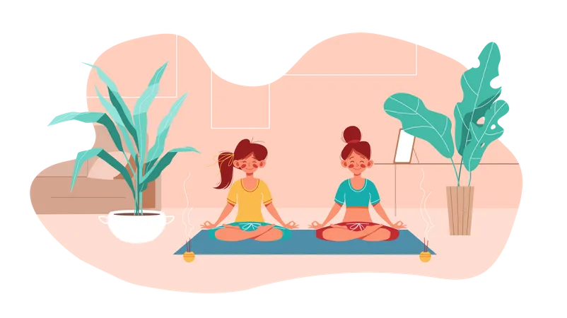 Duas garotas fazendo ioga em pose de lótus  Ilustração