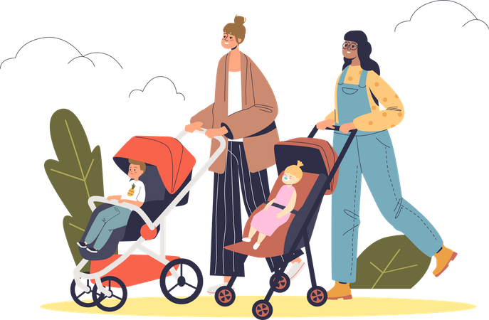 Duas mães andando com bebês em carrinhos  Ilustração