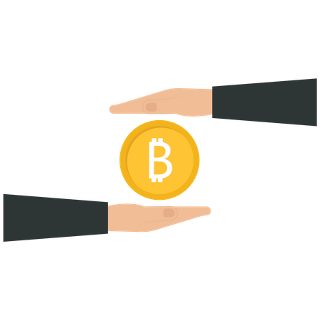 Duas mãos de empresário com uma moeda criptomoeda  Ilustração