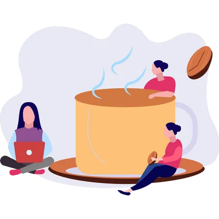 Duas meninas trabalhando e tomando café  Ilustração