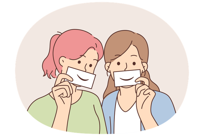 Duas mulheres com sorrisos falsos seguram papéis com emoções desenhadas e fingem estar felizes  Ilustração