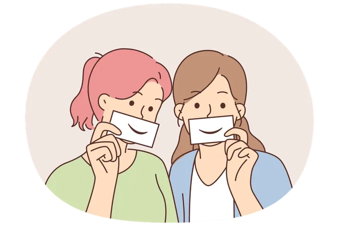 Duas mulheres com sorrisos falsos seguram papéis com emoções desenhadas e fingem estar felizes  Ilustração