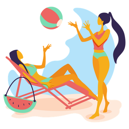 Duas mulheres de biquíni jogando bola na praia  Ilustração