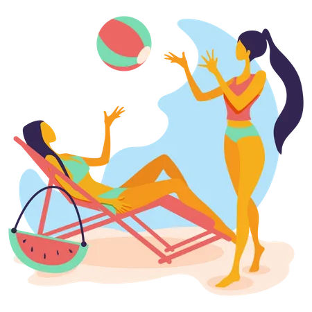 Duas mulheres de biquíni jogando bola na praia  Ilustração