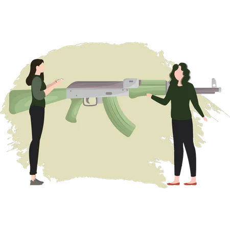 Duas mulheres falando sobre arma  Ilustração