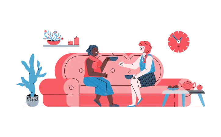 Duas mulheres se comunicando sentadas no sofá em um ambiente amigável e confortável  Ilustração