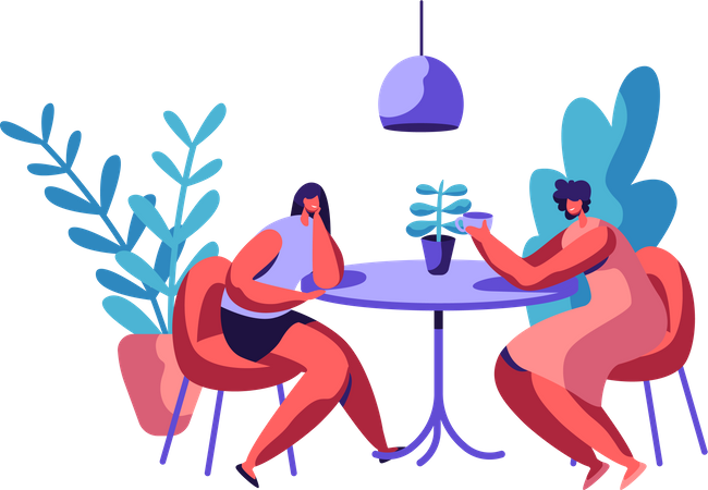 Duas mulheres sentadas na mesa da cafeteria, bebendo café e conversando  Ilustração
