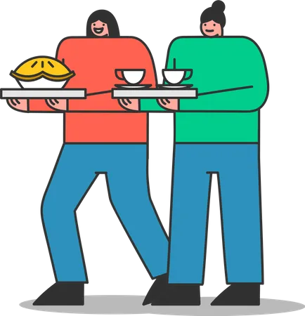 Duas mulheres servindo chá ou café e bolo de torta  Ilustração