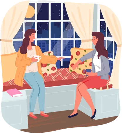 Duas amigas sentadas perto da janela à noite e conversando com uma xícara de chá ou café  Ilustração