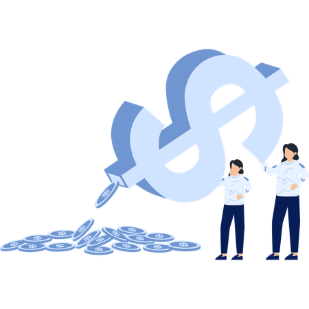 Duas pessoas com cifrão e moedas - Tema de negócios e finanças  Ilustração