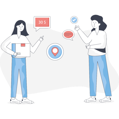 Duas pessoas conversando sobre uma entrega, discutindo detalhes e logística  Ilustração