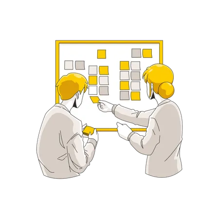 Duas pessoas criando layout de plano de ação em post-its  Ilustração