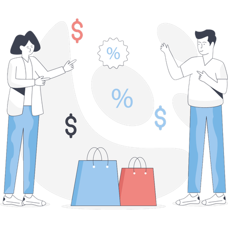 Duas pessoas estão ao lado de sacolas de compras e uma placa exibindo uma promoção de porcentagem de desconto  Ilustração