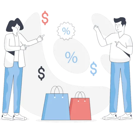 Duas pessoas estão ao lado de sacolas de compras e uma placa exibindo uma promoção de porcentagem de desconto  Ilustração
