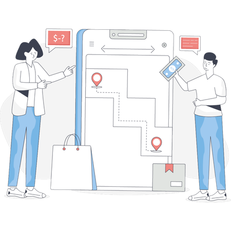 Duas pessoas estão ao lado de um telefone exibindo um mapa segurando uma sacola de compras, indicando que estão planejando uma viagem de compras  Ilustração