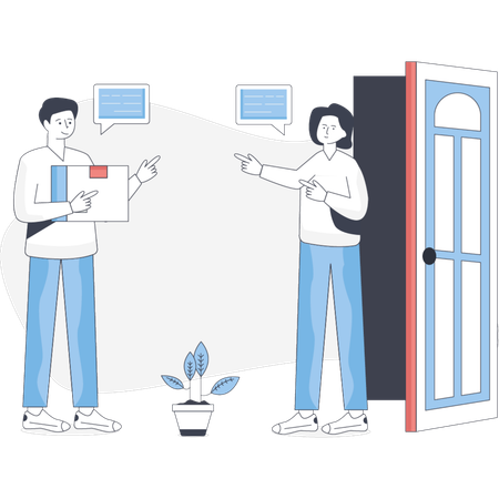 Duas pessoas estão perto de uma porta  Ilustração