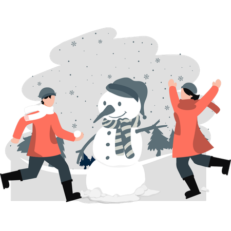 Duas pessoas fazendo boneco de neve e brincando com neve  Ilustração