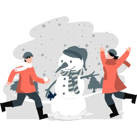 Duas pessoas fazendo boneco de neve e brincando com neve  Ilustração