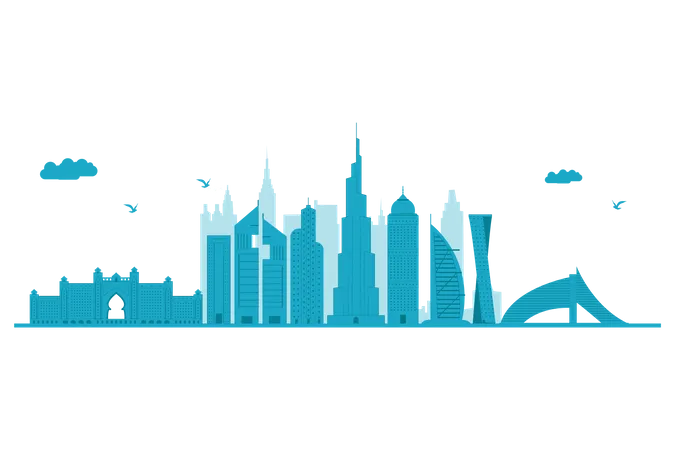 Dubai Skyline in blue silhouette  Illustration