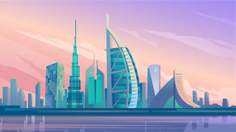 Dubai City Wolkenkratzer Landing Page Im Flachen Cartoon Stil VAE Stadtpanorama Stadtlandschaft Mit Modernem Gebaude Geschaftsreisen Und Reisen Von Sehenswurdigkeiten Vektorillustration Des Web Hintergrunds Illustration