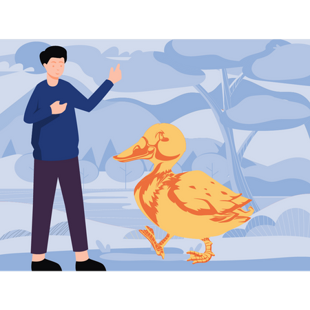 Duck and boy standing  Illustration
