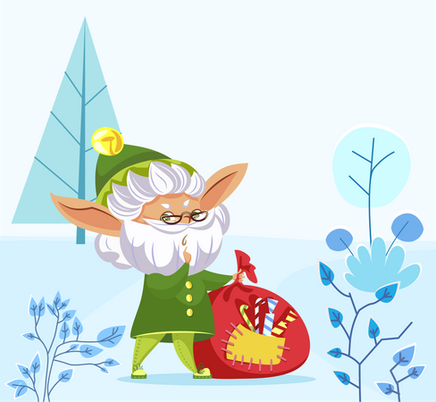 Duende con bolsa de regalo de Navidad  Ilustración