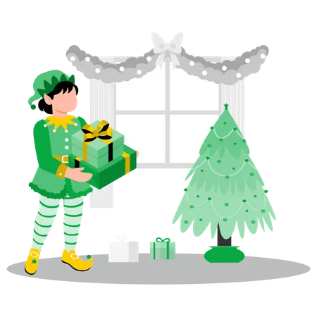 Pequeño duende con regalo de navidad  Ilustración