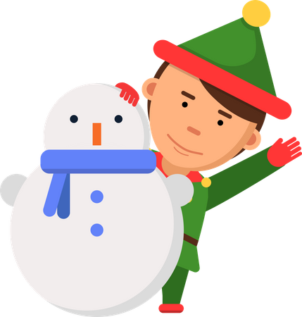 Duende de natal com boneco de neve  Ilustração