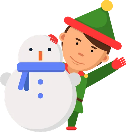 Duende de natal com boneco de neve  Ilustração