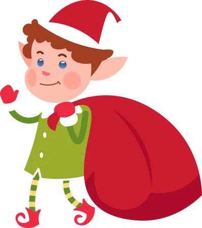 Duende de natal com sacola de presente  Ilustração