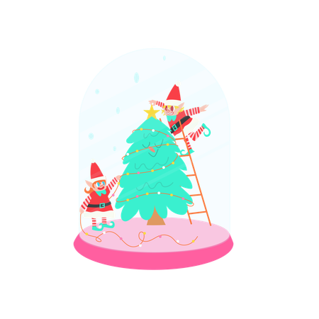 Elfo en bola de nieve decorando el árbol de Navidad  Ilustración