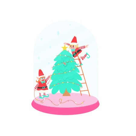 Elfo en bola de nieve decorando el árbol de Navidad  Ilustración