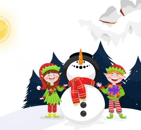Elfos e bonecos de neve cobertos de neve de Natal  Ilustração