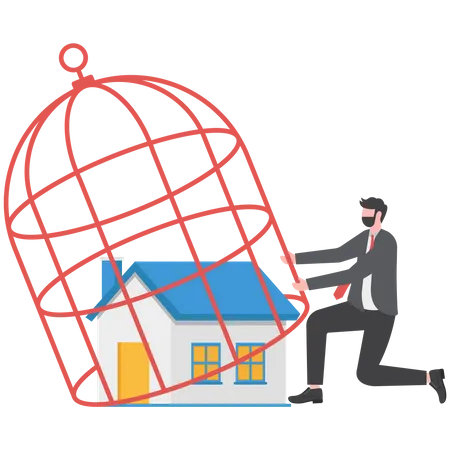 Empresario dueño de casa preocupado de pie con su casa dentro de una jaula de pájaros cerrada  Ilustración