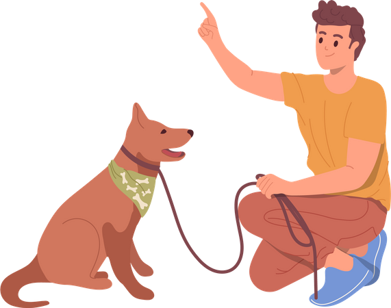 Dueño de mascota enseñando a un perro cariñoso un nuevo comando durante un paseo al aire libre  Ilustración