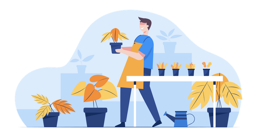 Dueño de tienda de flores manteniendo maceta  Ilustración