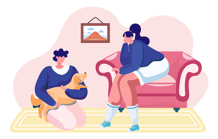 Dueños de mascotas sentados con un perro  Ilustración