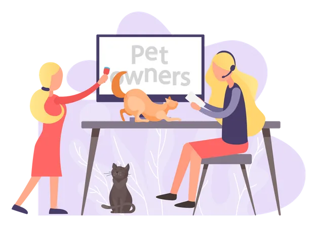 Los dueños de mascotas ven un tutorial sobre cómo tener animales en casa  Ilustración