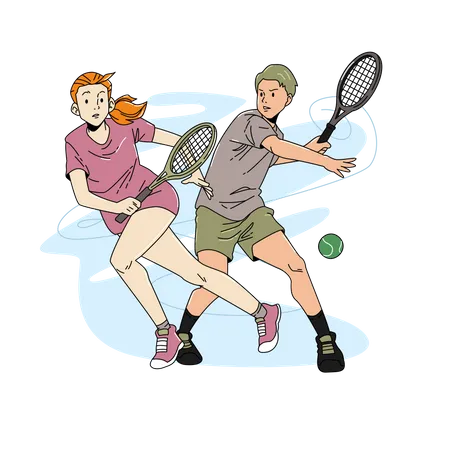 Dueto jogando tênis  Ilustração