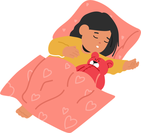 Dulces sueños envuelven una escena tranquila mientras un lindo niño duerme en la cama y un tierno osito de peluche  Ilustración