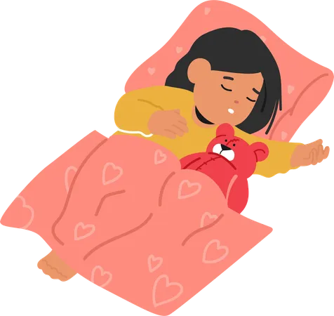 Dulces sueños envuelven una escena tranquila mientras un lindo niño duerme en la cama y un tierno osito de peluche  Ilustración