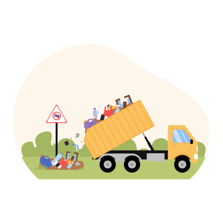 Dump truck dumping waste directly into landfills  Illustration