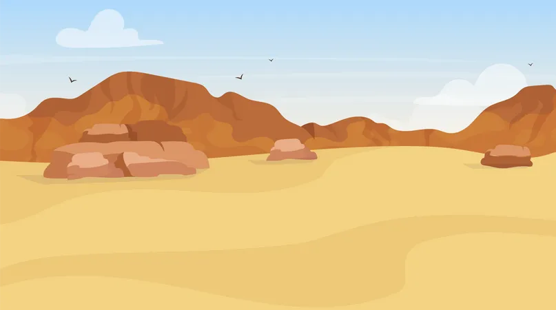 Dunes Flat Vector Illustration Sand Desert Exploration Panoramic Egyptian Landscape Arabic Wilderness African Land Draught Environment Plato View Mountain Hills Wasteland Cartoon Background Illustration